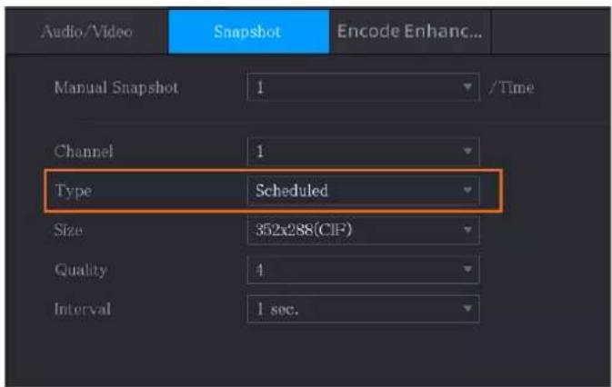 Audio/Video Snapshot Encode Enhanc... Manual Snapshot 1 /Time Channel 1 Type Scheduled Size 352x288(CIF) Quality 4 Interval 1 sec.