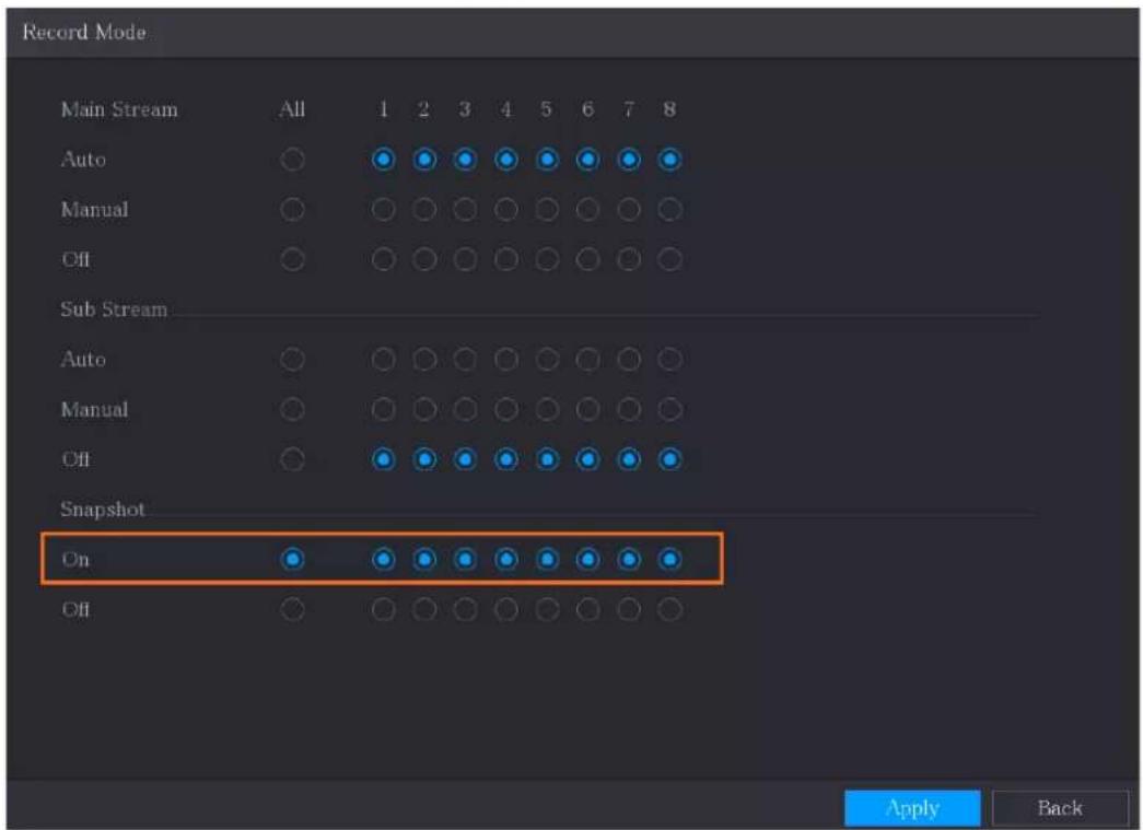 Record Mode Main Stream All 1 2 3 4 5 6 7 8 Auto Manual Off Sub Stream Auto Manual Off Snapshot On Off Apply Back