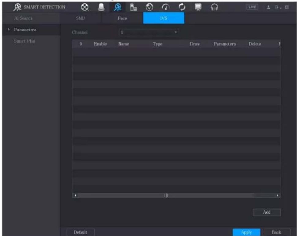 SMART DETECTION AI Search SMD Face IVS Parameters Channel 1 Smart Plan 0 Enable Name Type Draw Parameters Delete F Add Default Apply Back