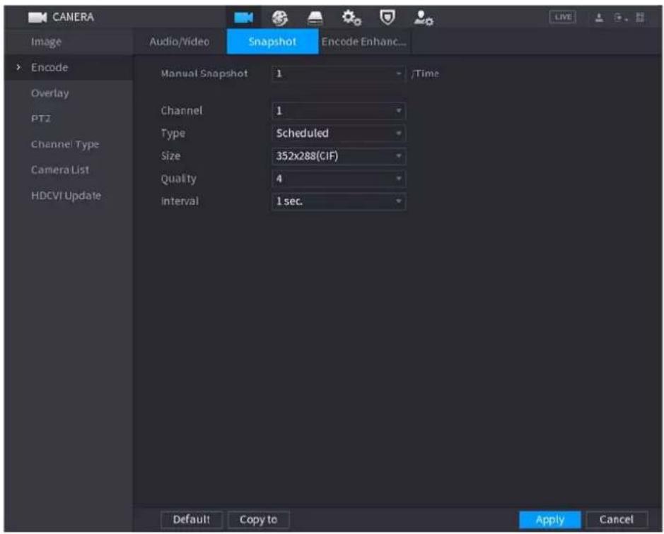 CAMERA Image Audio/Video Snapshot Encode Enhanc... Encode Overlay PT2 Channel Type CameraList HDCVI Update Manual Snapshot 1 /Time Channel 1 Type Scheduled Size 352x288(CIF) Quality 4 Interval 1 sec. Default Copy to Apply Cancel