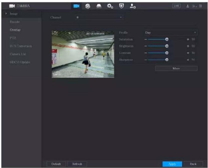 CAMERA Image Encode Overlay PTZ D/A Conversion Camera List HDC3 Update Channel 8 Profile Day Saturation + 50 Brightness + 50 Contrast + 50 Sharpness + 50 More Default Refresh Apply Back