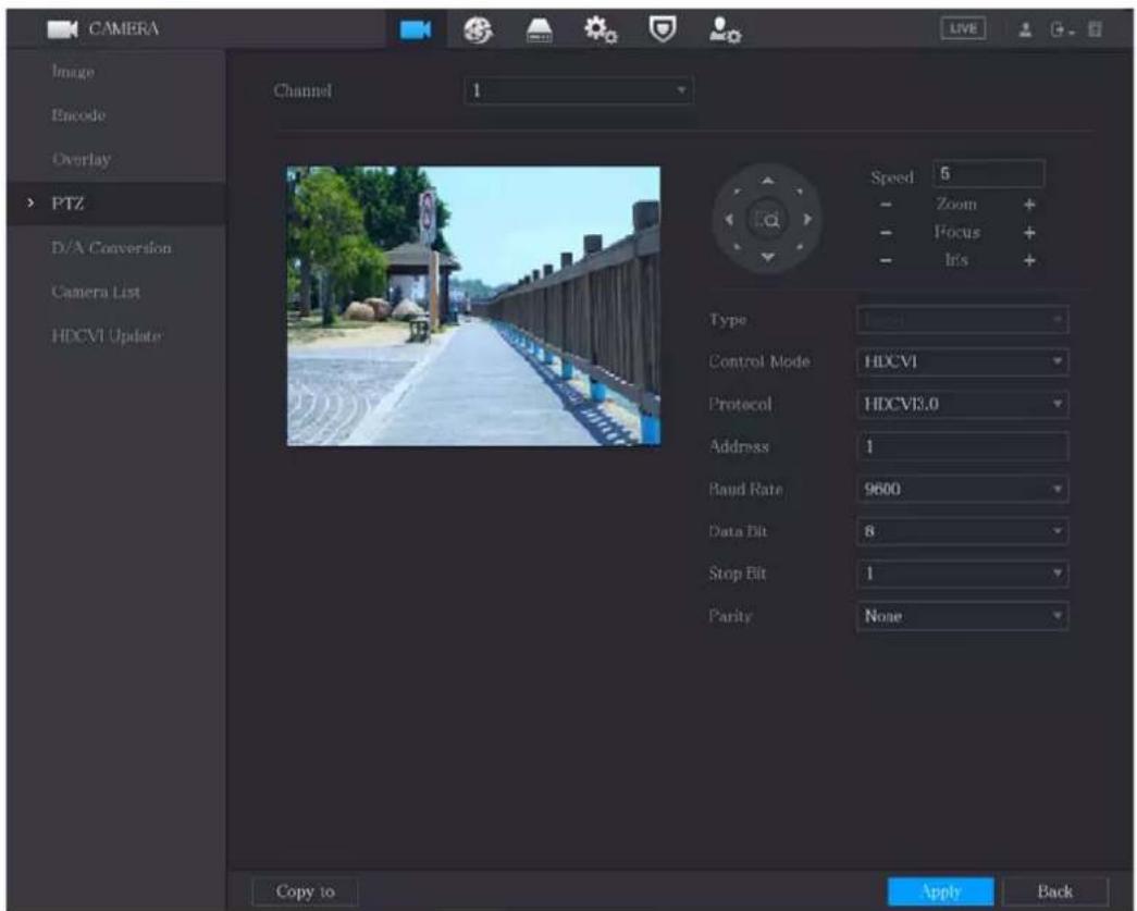 CAMERA Image Encode Overlay PTZ D/A Conversion Camera List HDCVI Update Channel 1 Speed 5 Zoom + Focus + Iris + Type Control Mode HDCVI Protocol HDCVI3.0 Address 1 Baud Rate 9600 Data Bit 8 Stop Bit 1 Parity None Copy to Apply Back