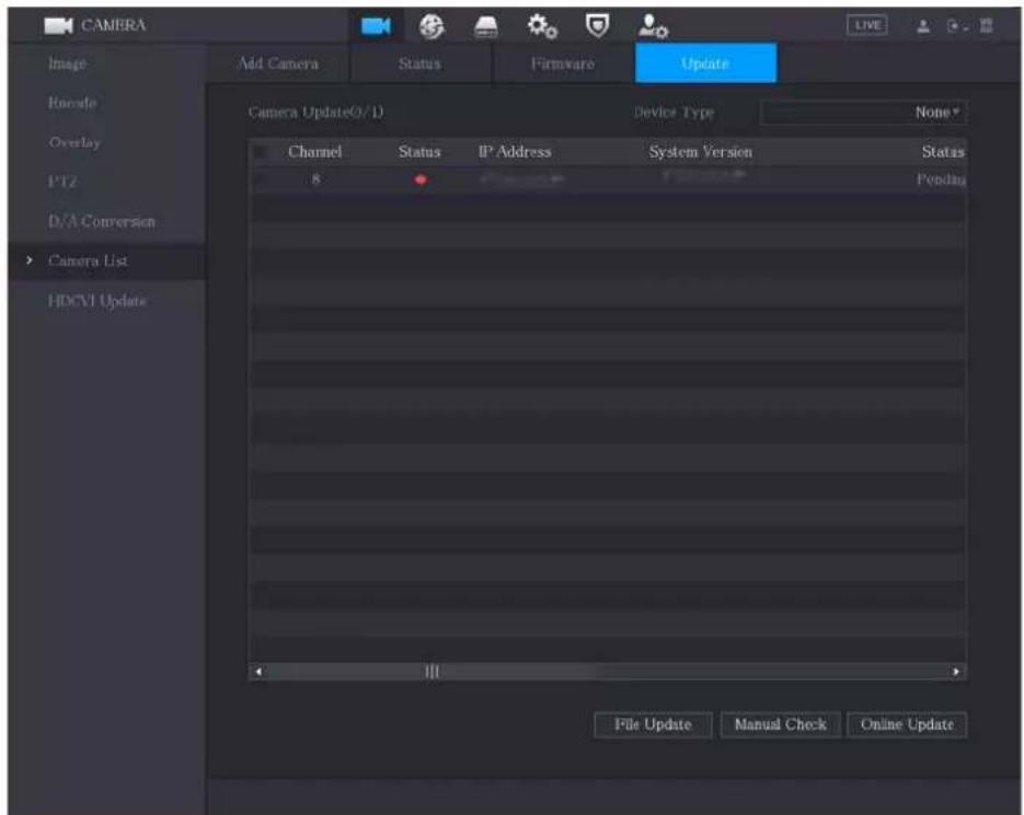 CAMERA Image Encode Overlay PTZ D/A Conversion Camera List HDCVI Update Add Camera Status Firmware Update Camera Update(0/1) Device Type None* Channel Status IP Address System Version Status 8 Pending File Update Manual Check Online Update