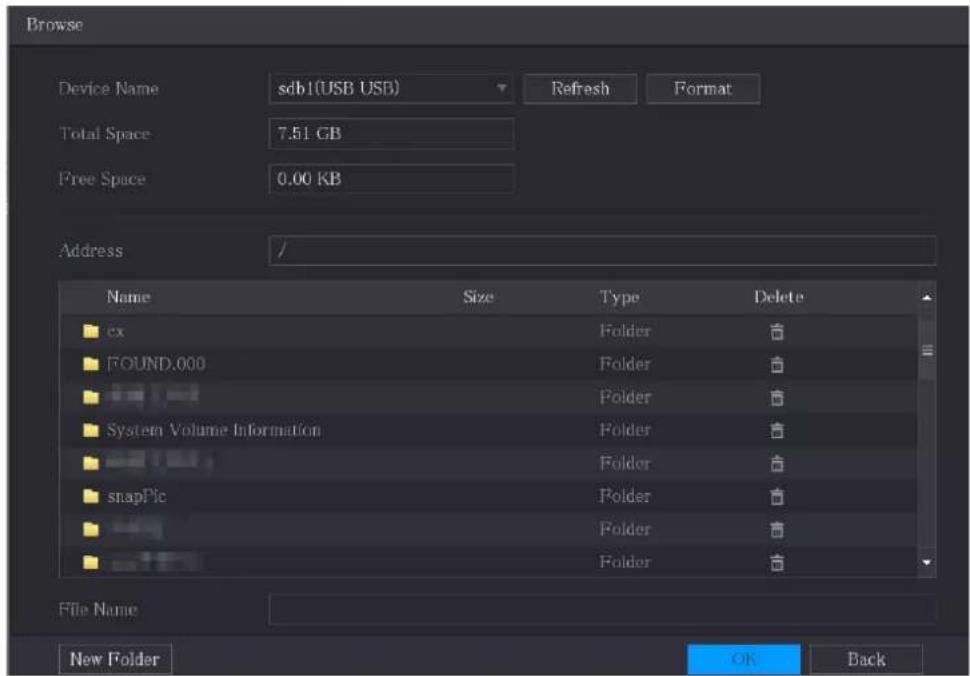 Browse Device Name:sdb1(USB USB) Refresh Format Total Space 7.51 GB Free Space 0.00 KB Address Name Size Type Delete □ cx Folder # □ FOUND.000 Folder # □ System Volume Information Folder # □ snapPlc Folder # □ Folder # □ Folder # File Name New Folder OK Back