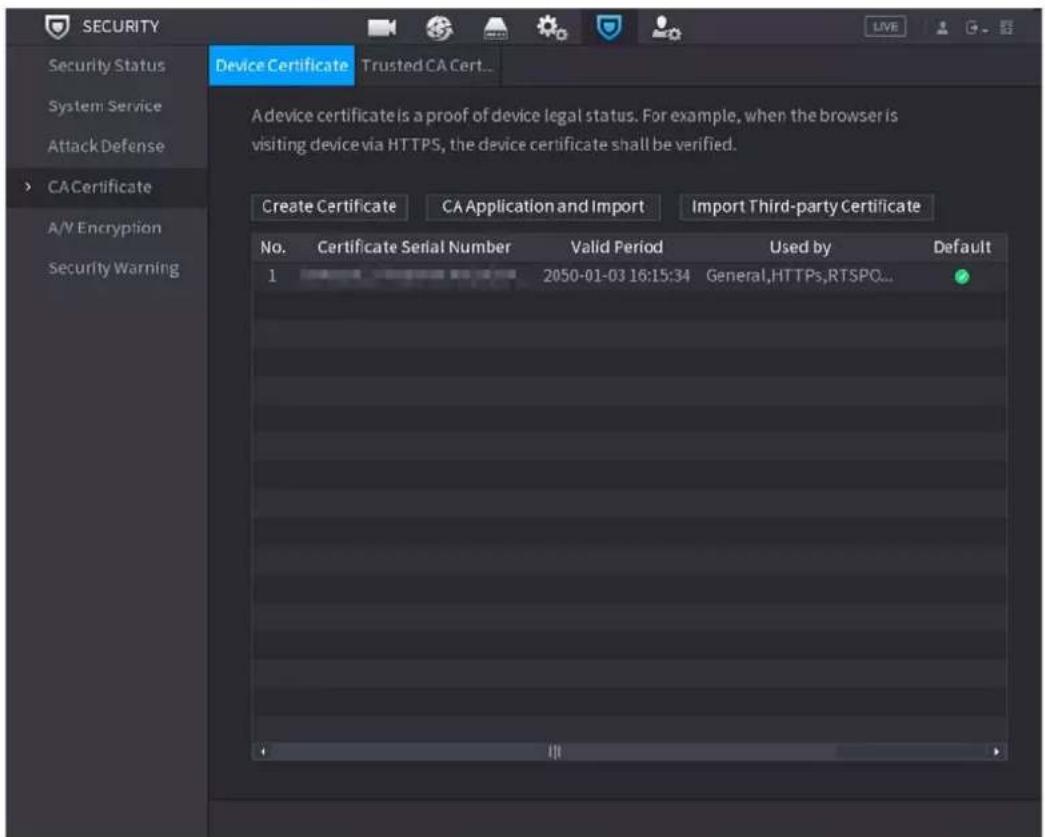 SECURITY Security Status System Service Attack Defense CA Certificate A/V Encryption Security Warning Device Certificate Trusted CA Cert... A device certificate is a proof of device legal status. For example, when the browser is visiting device via HTTPS, the device certificate shall be verified. Create Certificate CA Application and Import Import Third-party Certificate No. Certificate Serial Number Valid Period Used by Default 1 2050-01-03 16:15:34 General,HTTPS,RTSPO...