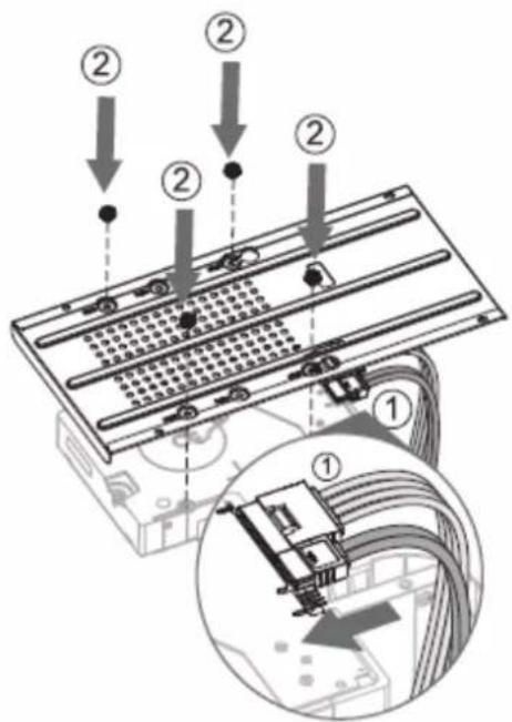 Diagram showing cable installation steps with numbered annotations and a magnified view of cable routing setup