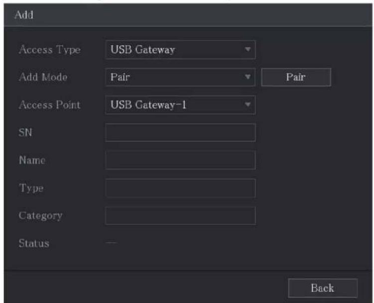 Add Access Type USB Gateway Add Mode Pair Pair Access Point USB Gateway-1 SN Name Type Category Status -- Back