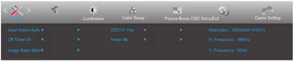 Input Select Auto Off Timer 00 Image Ratio Wide Luminance Color Setup Picture Boost OSD SetupExit Game Setting DDC/CI Yes Reset No Resolution : 2560(H)X1440(V) H. Frequency : 88KHz V. Frequency : 60Hz