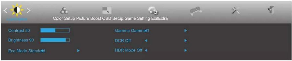 Color Setup Picture Boost OSD Setup Game Setting ExitExtra Contrast 50 Gamma Gamma1 Brightness 90 DCR Off Eco Mode Standard HDR Mode Off