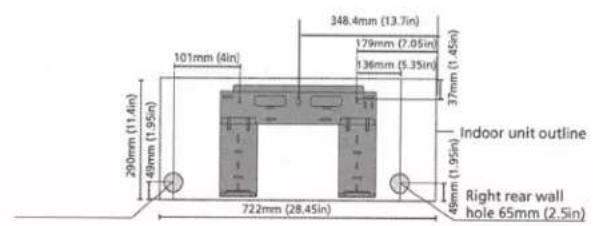 348.4mm (13.7in) 179mm (7.05in) 136mm (5.35in) 37mm (1.45in) 290mm (11.4in) 49mm (1.95in) 722mm (28.45in) Indoor unit outline Right rear wall hole 65mm (2.5in)