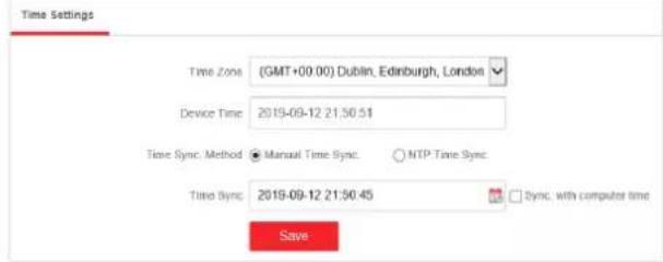 Time Settings Time Zone (GMT+00.00) Dublin, Edinburgh, London Device Time: 2019-09-12 21:50:51 Time Sync. Method Manual Time Sync. NTP Time Sync. Time Sync: 2019-09-12 21:50:45 Sync. with computer time Save