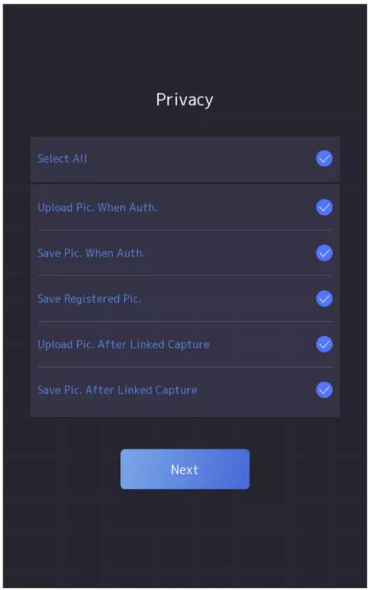Privacy Select All ✓ Upload Pic. When Auth. ✓ Save Pic. When Auth. ✓ Save Registered Pic. ✓ Upload Pic. After Linked Capture ✓ Save Pic. After Linked Capture ✓ Next