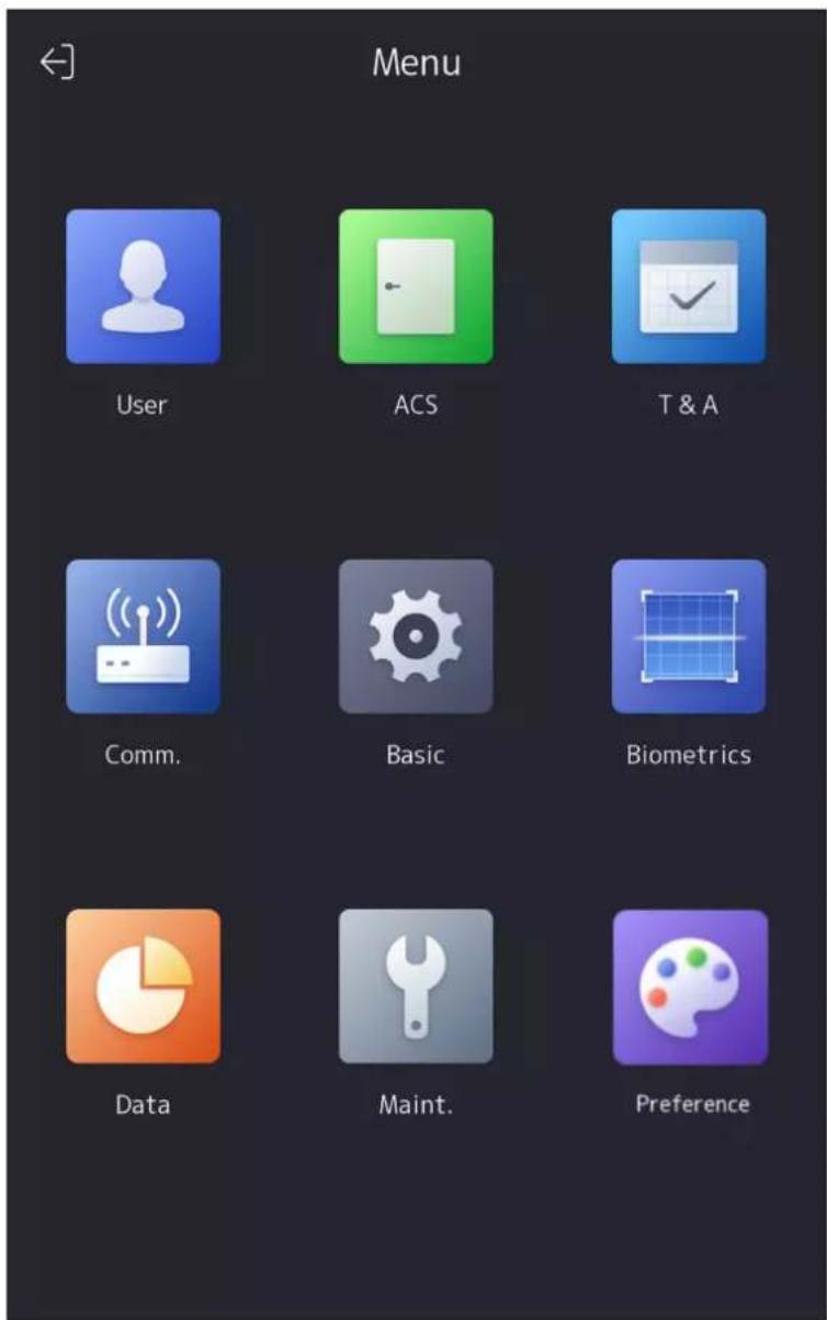 Menu User ACS T & A Comm. Basic Biometrics Data Maint. Preference