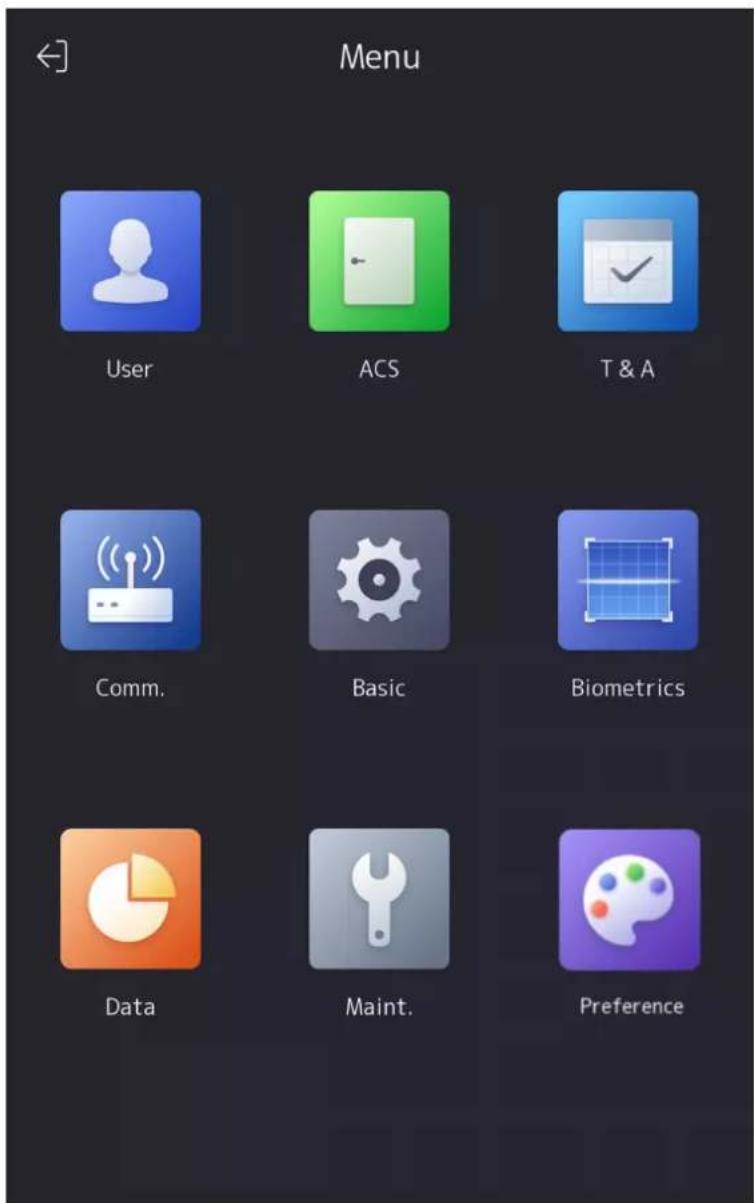 Menu User ACS T & A Comm. Basic Biometrics Data Maint. Preference