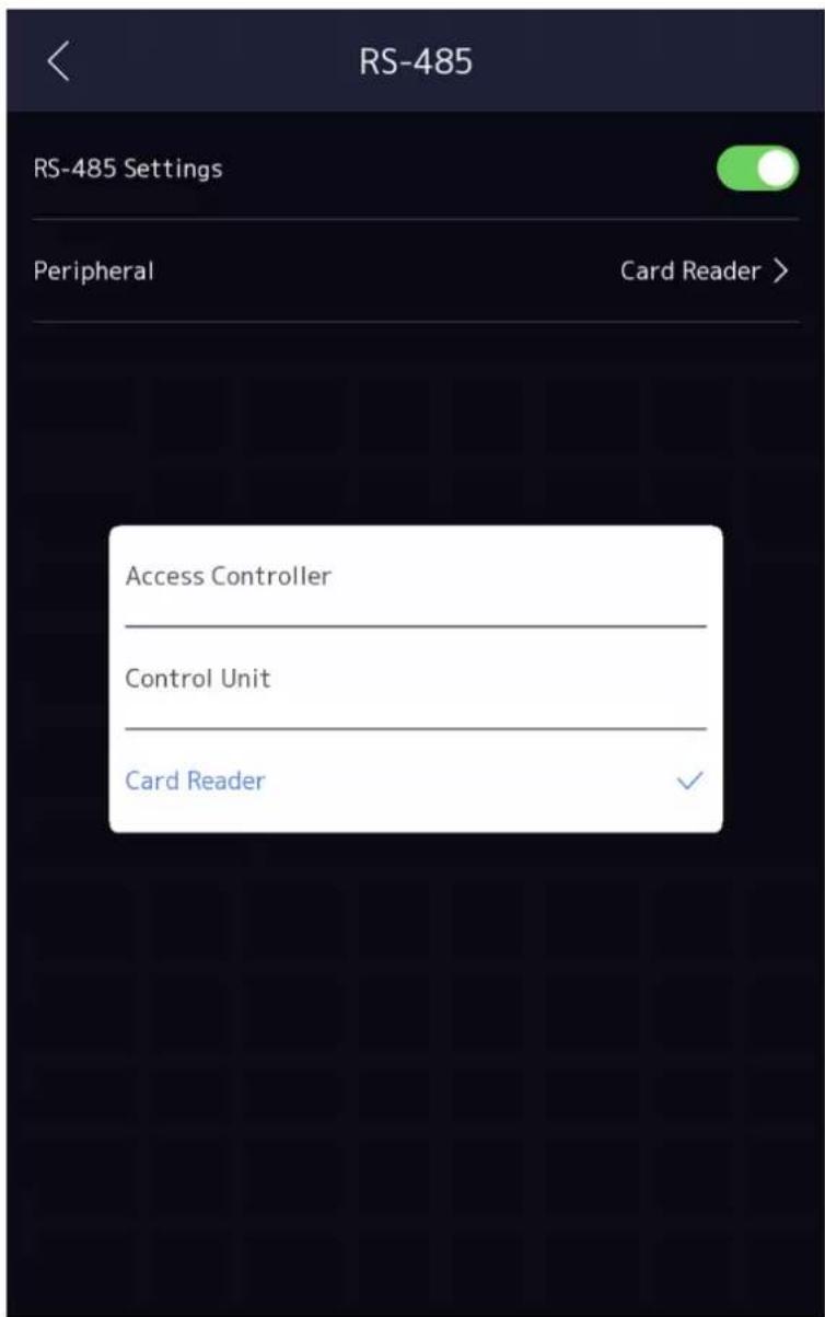 RS-485 RS-485 Settings Peripheral Card Reader > Access Controller Control Unit Card Reader