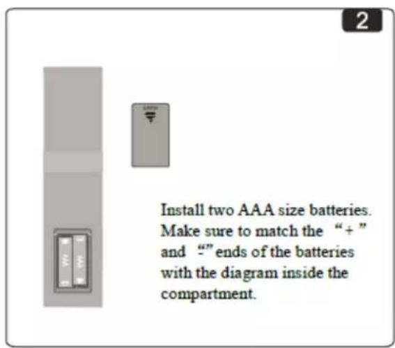 Install two AAA size batteries. Make sure to match the "+" and "-" ends of the batteries with the diagram inside the compartment.