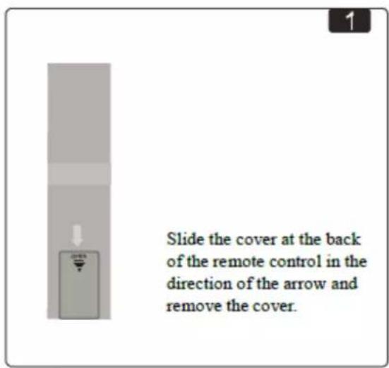 Slide the cover at the back of the remote control in the direction of the arrow and remove the cover.