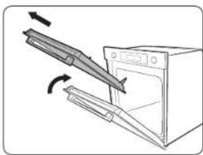 Diagram of an oven with a rack and fan, showing airflow direction (no text or symbols).