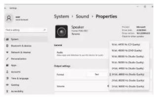 System > Sound > Properties Fixed setting Spikes Bluetooth & devices Network & Internet Personalization Apps Accounts Text & Language Gating Accessibility Speaker Home: FM30120 Language General Audio Video and Windows to 6.0 MHz (Video) for audio Output settings Formal Text Volume Project: Microsoft…