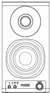 Line drawing of a speaker with two circular speakers and a digital display unit (no text or symbols)