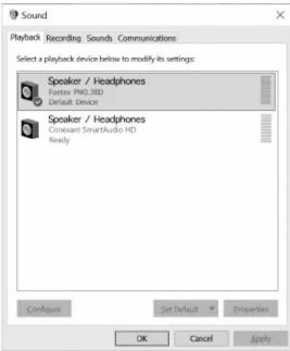 Sound Playback Recording Sounds Communications Select a playback device below to modify its settings: Speaker / Headphones Fontex PMO 3BD Default Device Speaker / Headphones Constant SmartAudio HD Ready Configure Set Default Properties OK Cancel Apply