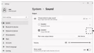 Settings System + Sound Output - Choose where to play sound Audio program with new soundings Speaker Radio/Video Speaker Radio PDF/0.01 Pass in new audio device Add device Volume 123 More audio Continuous and right audio channels into use Off