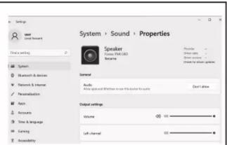 Settings System > Sound > Properties Speaker Sound (RGB) Resume Preview Show color Show source Show to other options System & devices Network & Internal Recommendation Audio Audio and Windows from Padscale for audio Out of time System Account Time & language Language Accessibility Output settings vo…