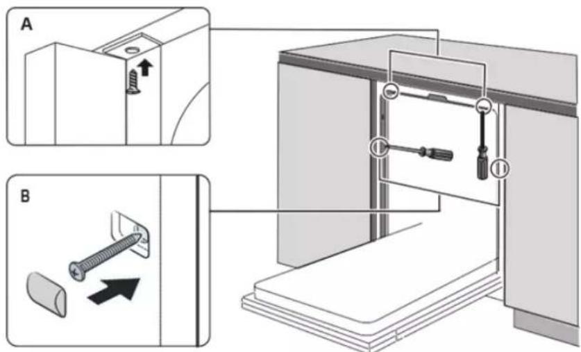 Technical diagram showing two-step installation of a mechanical device with screw fasteners and mounting components, labeled A and B.