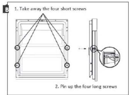 1. Take away the four short screws 2. Pin up the four long screws