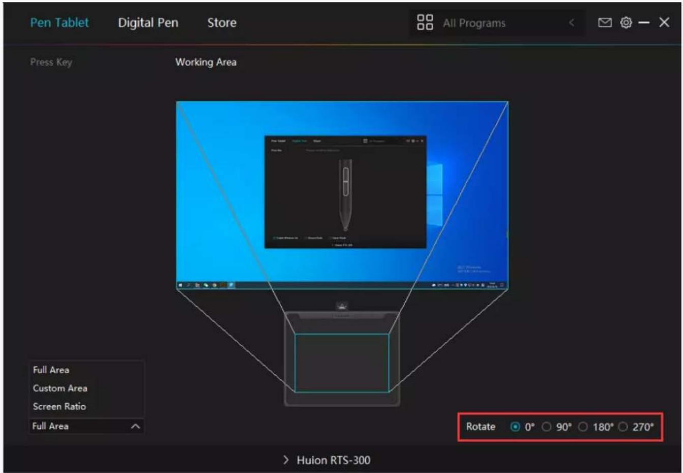 Pen Tablet Digital Pen Store All Programs Press Key Working Area Full Area Custom Area Screen Ratio Full Area Rotate 0° 90° 180° 270° > Huion RTS-300