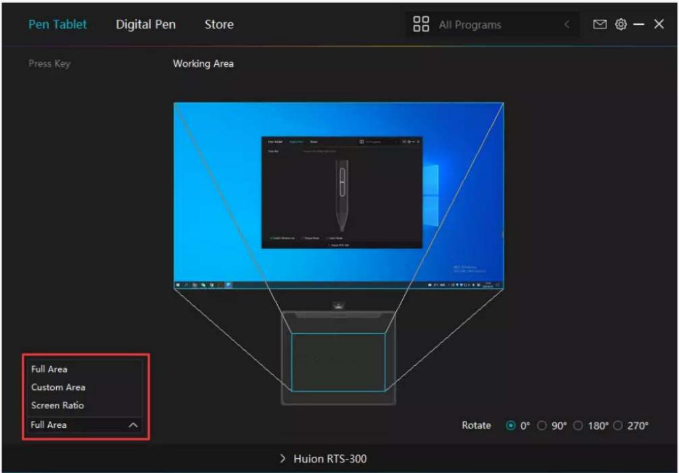 Pen Tablet Digital Pen Store All Programs Press Key Working Area Full Area Custom Area Screen Ratio Full Area Rotate 0° 90° 180° 270° > Huion RTS-300