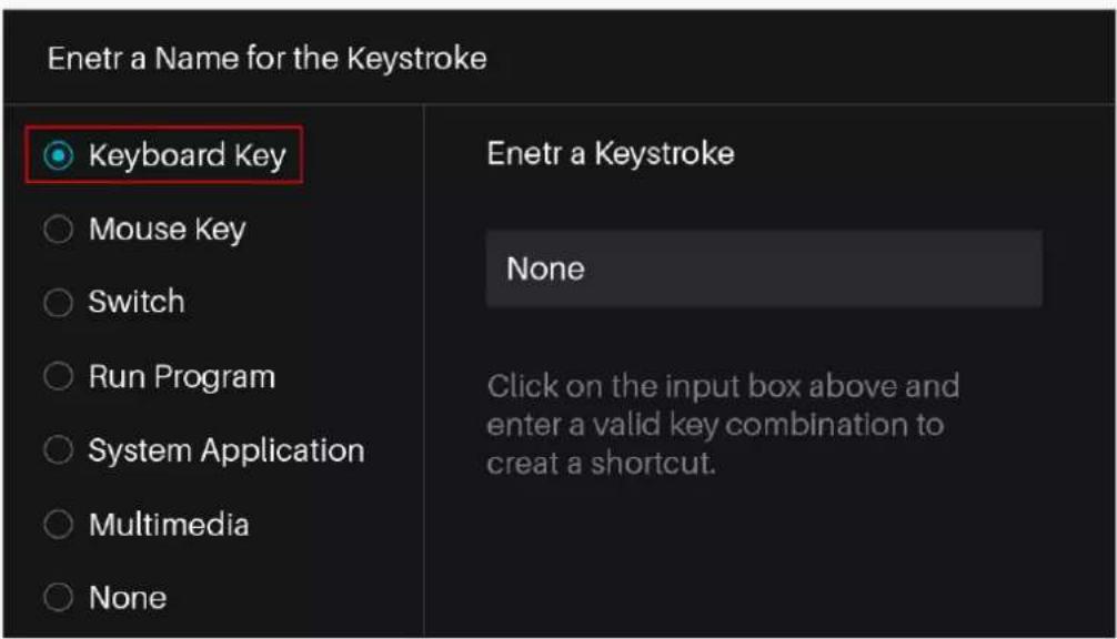 Enetr a Name for the Keystroke Keyboard Key Mouse Key Switch Run Program System Application Multimedia None Enetr a Keystroke None Click on the input box above and enter a valid key combination to creat a shortcut.