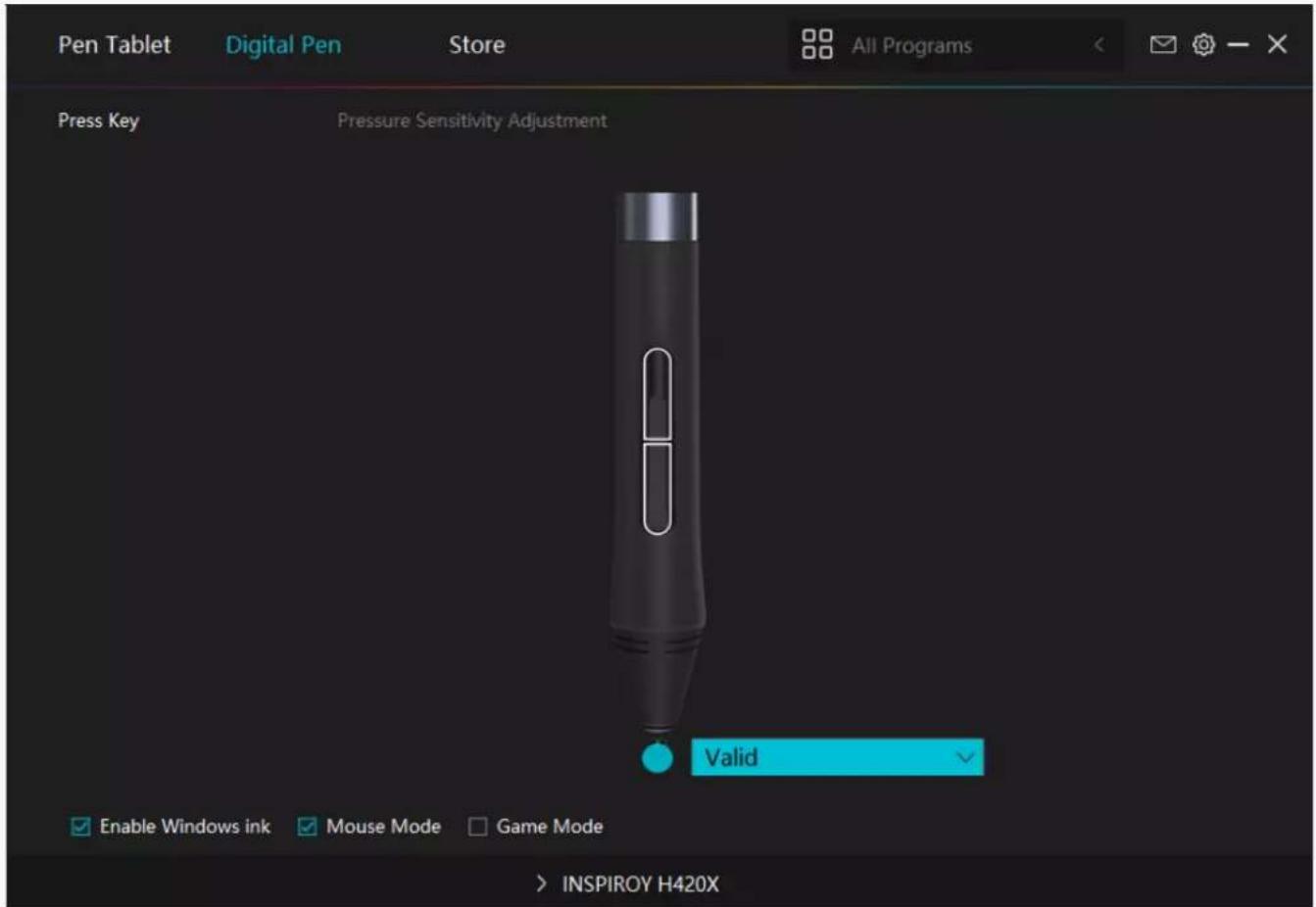 Pen Tablet Digital Pen Store All Programs Press Key Pressure Sensitivity Adjustment Valid Enable Windows ink Mouse Mode Game Mode > INSPIROY H420X
