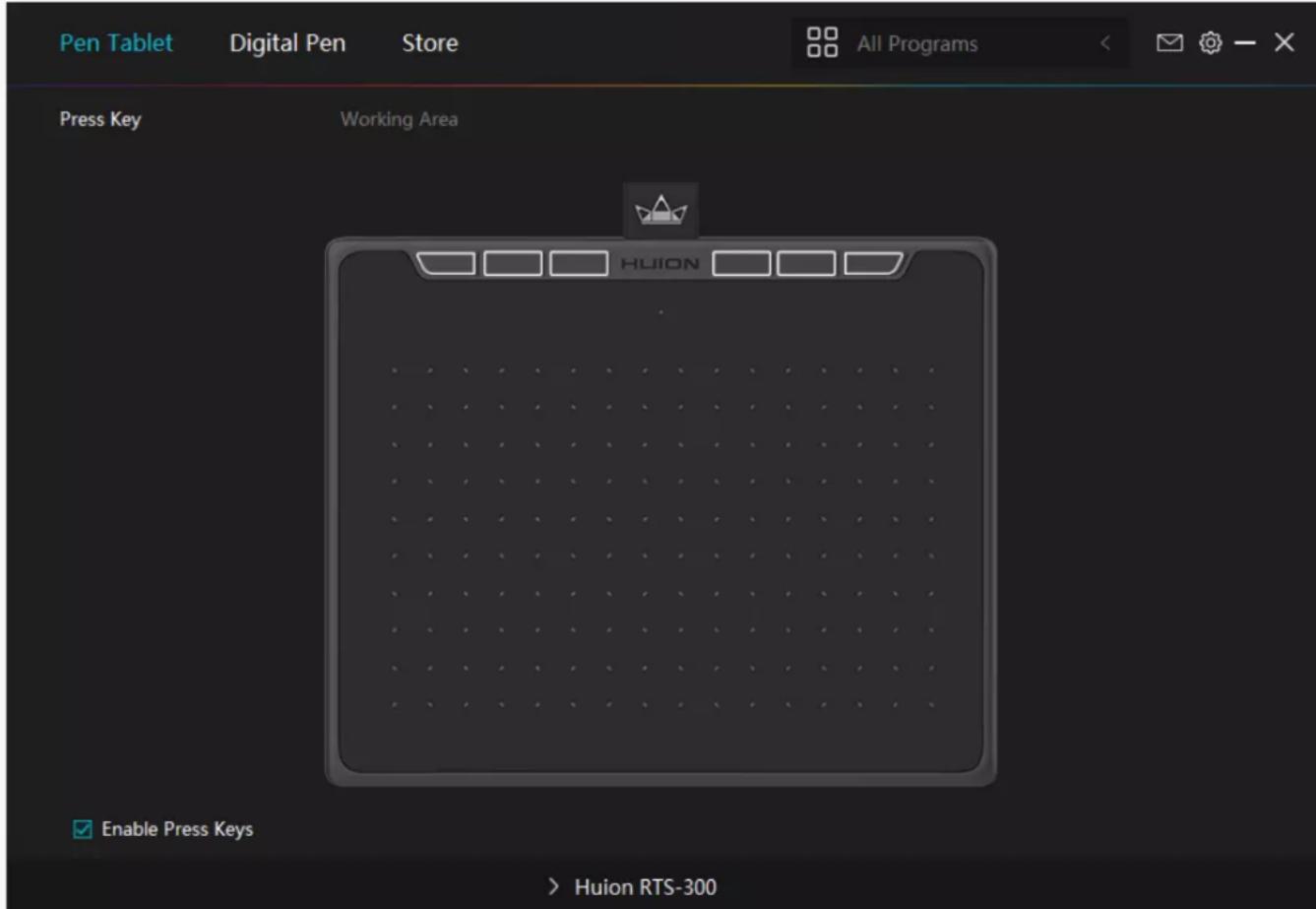 Pen Tablet Digital Pen Store All Programs Press Key Working Area HUION Enable Press Keys > Huion RTS-300