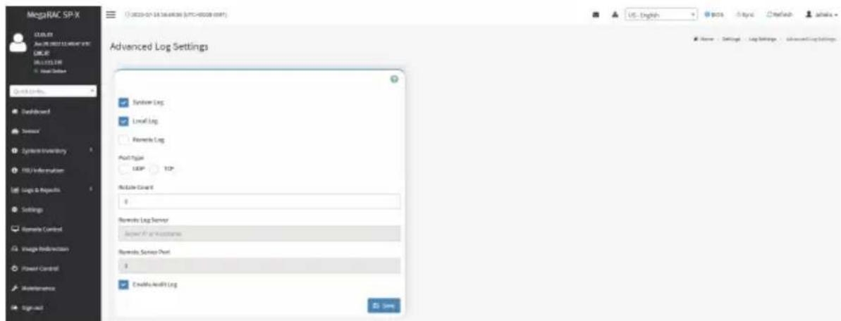 MegaRAC SP-X URL: 01 Access: 01.0002.12.0004.07.01 URL: 01.01.01.08 Local Outlook Advanced Log Settings Server Log Local Log Remote Log Port Type UDP TCP Module Scan X 8 Remote Log Server Server Of an In-Source Remote Service Port 8 Enable Audit Log Name: Settings Log Settings Advanced Log Settings