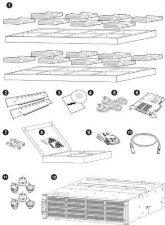 Technical diagram showing exploded view of server rack components with numbered labels