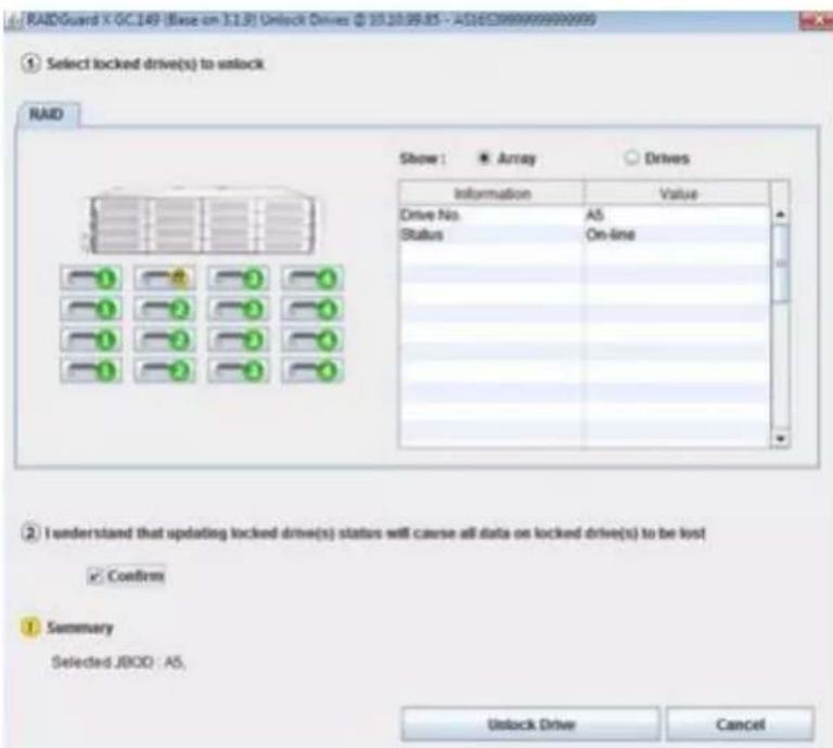 RAIDGuard X QC.149 (Base on 11.9) Unlock Drives @ 10.10.05.85 - A161388888888888 Select locked drive(s) to unlock RAID Show : Array Drives Information Value Drive No.A5 Status.On-line I understand that updating locked drive(s) status will cause all data on locked drive(s) to be lost ✓ Confirm Summary Selected JBOO : A5. Unlock Drive Cancel