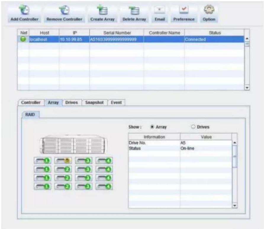 Add Controller Remove Controller Create Array Delete Array Email Preference Option Net Host IP Serial Number Controller Name Status localhost 10.10.99.85 AS16339999999999999 Connected Controller Array Drives Snapshot Event RAID Show: ● Array ○ Drives Information Value Drive No.A5 Status.On-line