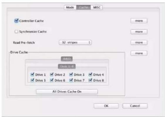 Mode Cache MISC Controller Cache Synchronize Cache Read Pre-fetch 32 stripes ? Drive Cache: RACK DARK 2.08 Drive 1 Drive 2 Drive 3 Drive 4 Drive 5 Drive 6 Drive 7 Drive 8 All Drives Cache On OK Cancel