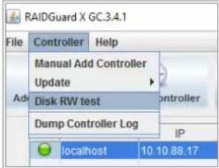 RAIDGuard X GC.3.4.1 File Controller Help Ad Manual Add Controller Update Disk RW test Dump Controller Log IP localhost 10.10.88.17