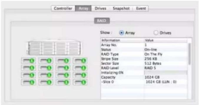 Controller Array Drives Snapshot Event RAID Show : Array Drives Information Value Array No. 1 Status On-line RAID Type On The Fly Stripe Size 256 KB Sector Size $12 Bytes RAID Level RAID S Initializing 0% Capacity 1024 GB -Slice 0 1024 CB (LLIN : 0)