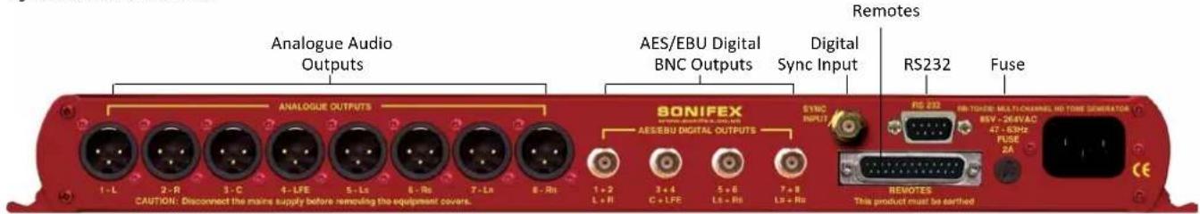Analogue Audio Outputs ANALOGUE OUTPUTS AES/EBU Digital BNC Outputs Digital Sync Input Remotes RS232 Fuse SONIFEX AES/EBU DIGITAL OUTPUTS SYNC INPUT RS 232 RR-TONDE MULTICChannel HD TONE GENERATOR 85V - 26.4VAC 47 - 63Hz FUSE 2A CAUTION: Disconnect the mains supply before removing the equipment cove…
