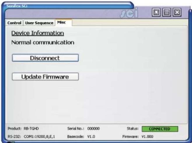 Simlex Sci Control User Sequence Misc Device Information Normal communication Disconnect Update Firmware Product: RB-TGHD Serial No.: 000000 Status: CONNECTED RS-232: COM1:19200,B,E,1 Basecode: V1.0 Firmware: V1.000