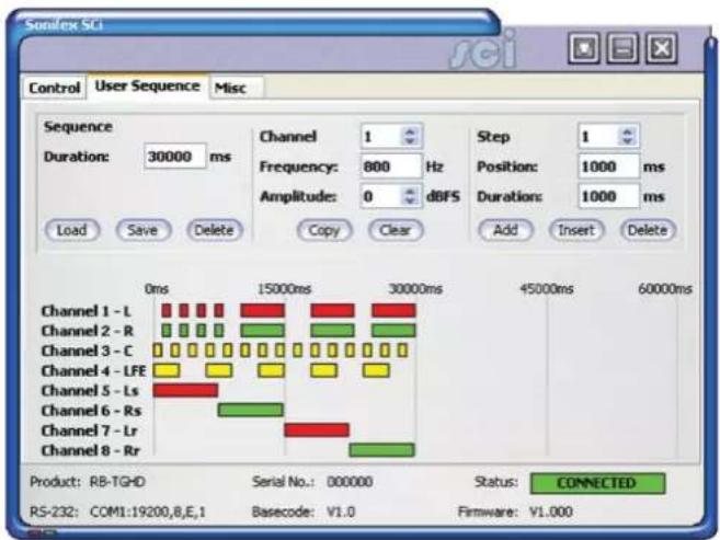 Sonflex Sci Control User Sequence Misc Sequence Duration: 30000 ms Channel 1 Frequency: 800 Hz Position: 1000 ms Amplitude: 0 dBFS Duration: 1000 ms Load Save Delete Copy Clear Add Insert Delete 0ms 15000ms 30000ms 45000ms 60000ms Channel 1 - L Channel 2 - R Channel 3 - C Channel 4 - LFE Channel 5 -…