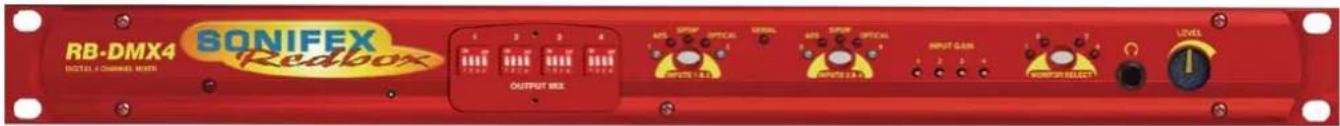 RB-DMX4 BOSTEL & CHANNEL METER SONIFEX Redbox OUTPUT MIX 1 2 3 4 MIL KINCH OFFICE MIL KINCH OFFICE MIL KINCH OFFICE INPUT CAN POWER SELECT LEVEL 1