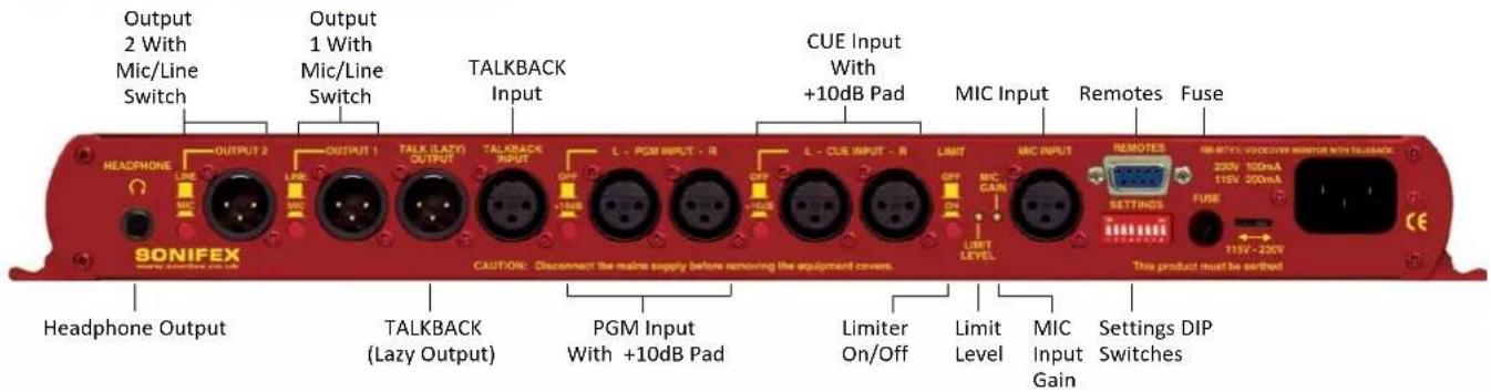 Output 2 With Mic/Line Switch Output 1 With Mic/Line Switch TALKBACK Input CUE Input With +10dB Pad MIC Input Remotes Fuse HAEDPHONE LINE TALK (LAZY) OUTPUT TALKBACK INPUT L - PGM INPUT - R L - CUE INPUT - R LIMIT MIC INPUT REMOSES 230V 100mA 115V 200mA FIXE TALKBACK (Lazy Output) PGM Input With +10…