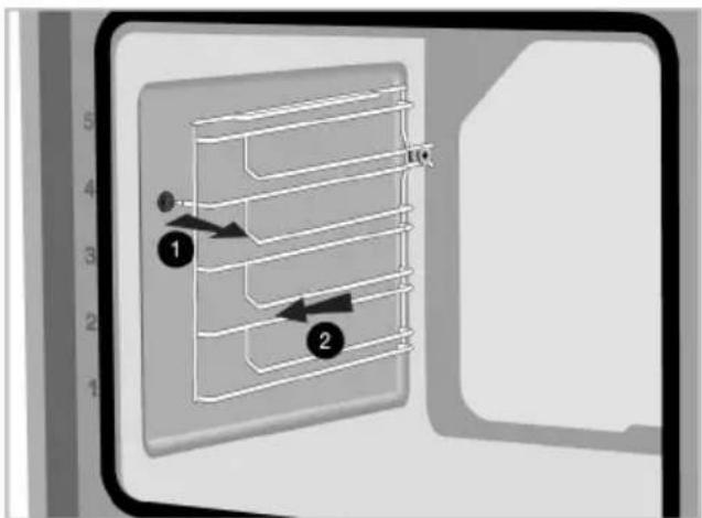Diagram of a refrigerator interior with numbered compartments and directional arrows indicating flow or movement.