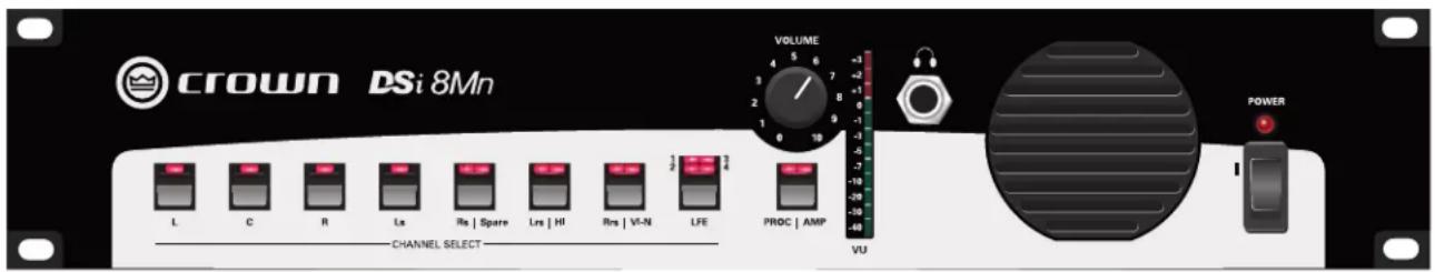 CROWN DSi 8Mn L C R Ls Rs | Spare Lrs | HI Rs | VU-N LFE CHANNEL SELECT VOLUME 4 5 6 3 7 1 2 8 1 9 -10 -20 -30 -40 VU POWER