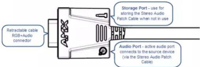 Retractable cable RGB+Audio connector Storage Port - use for storing the Stereo Audio Patch Cable when not in use Audio Port - active audio port connects to the source device (via the Stereo Audio Patch Cable)