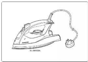 Line drawing of a steam iron with attached power plug (no text or symbols)